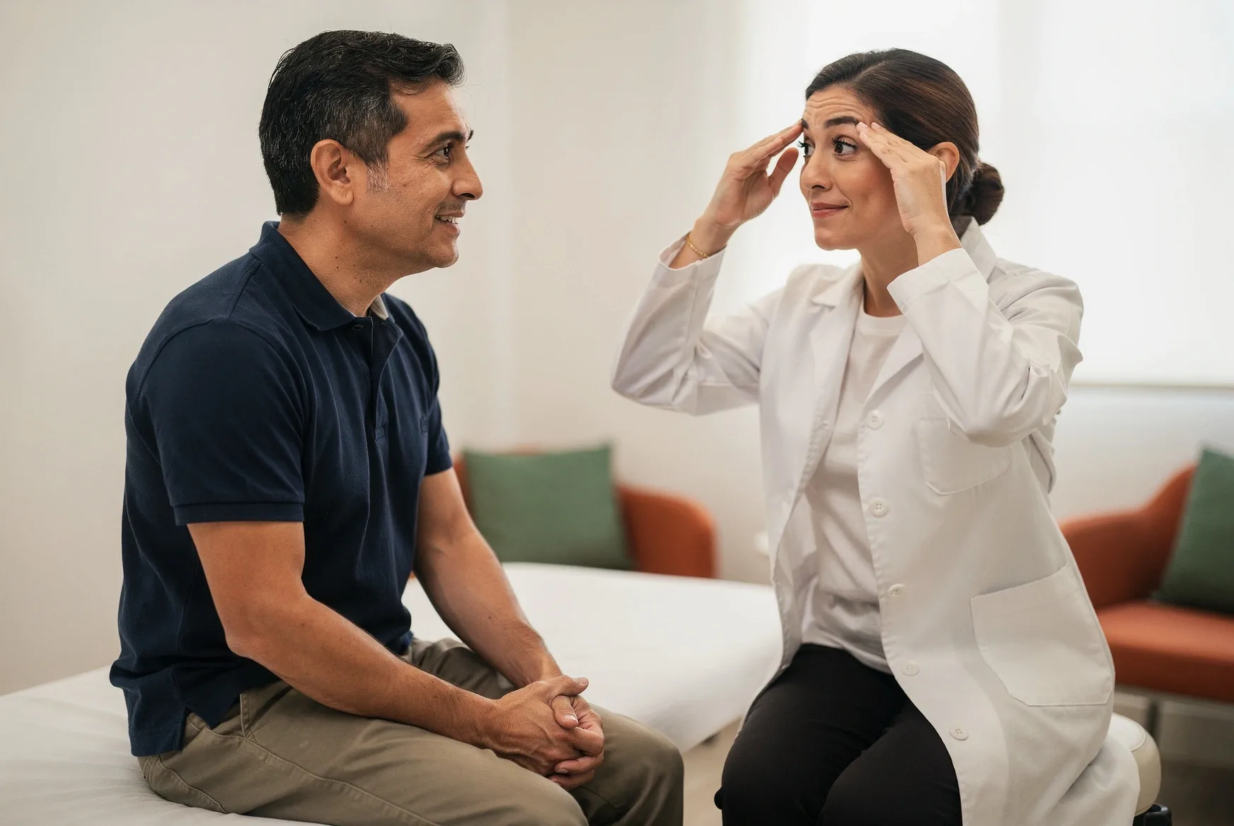 Neuróloga muestra a un paciente cómo levantar las cejas durante la exploración