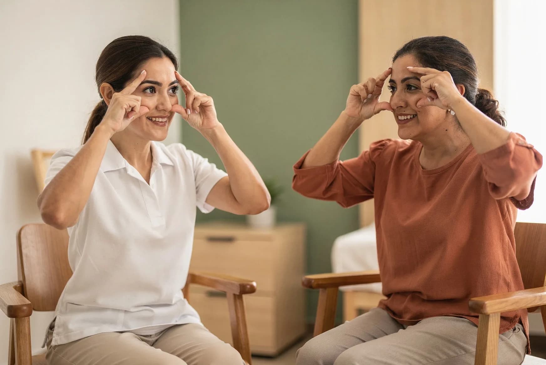 Terapeuta y paciente practican juntas un ejercicio de expresión facial